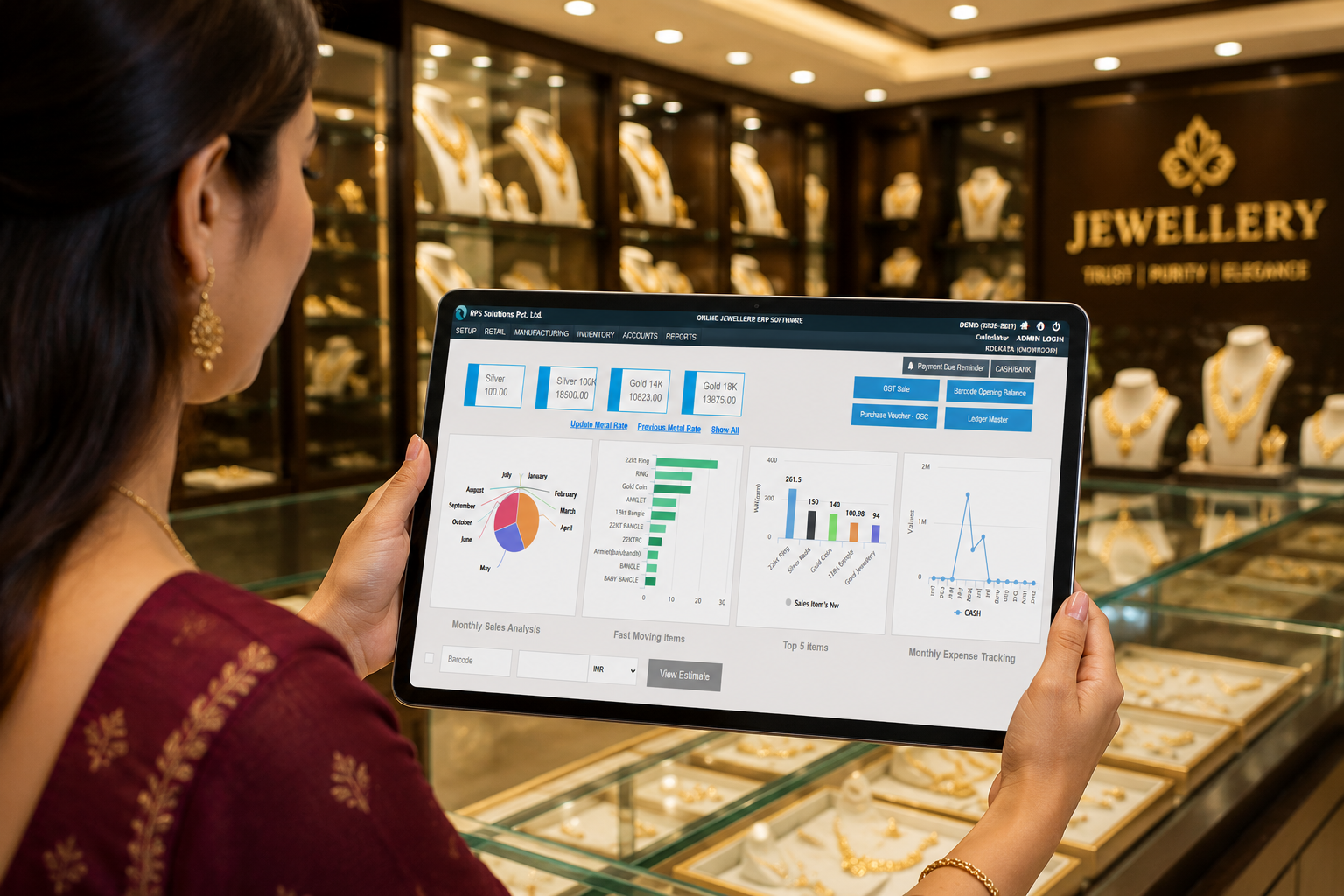 Elegant jewellery showroom interior with display cases and lighting